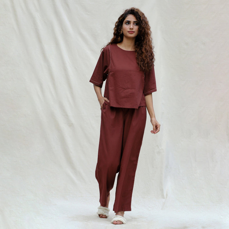 Brown 100% Cotton Mid-Rise Elasticated Pant