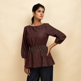 Brown 100% Cotton Round Neck Peplum Top