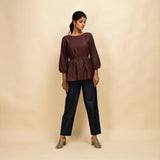 Brown 100% Cotton Round Neck Peplum Top