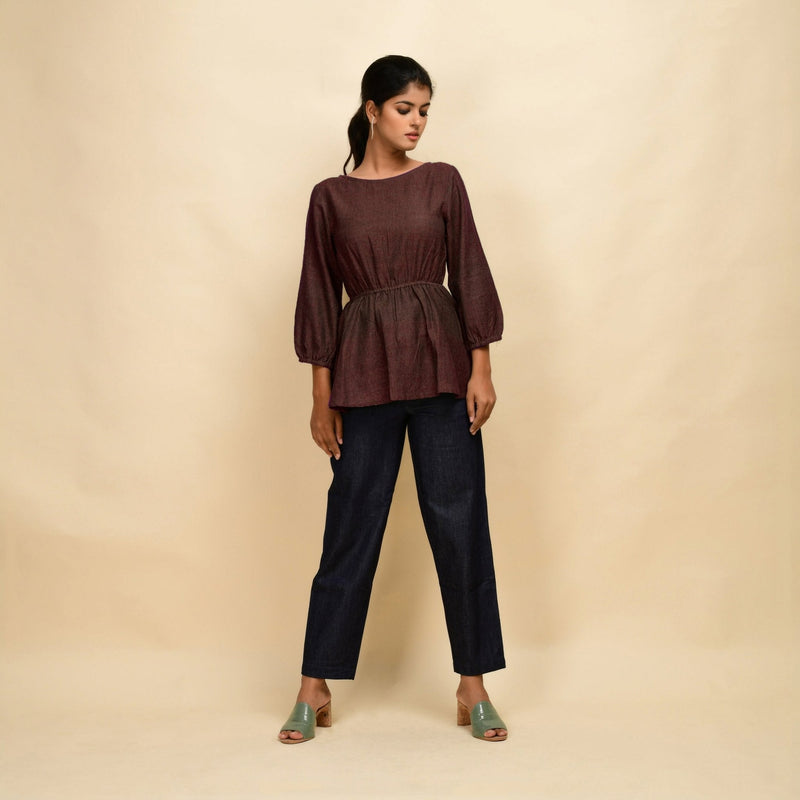 Brown 100% Cotton Round Neck Peplum Top