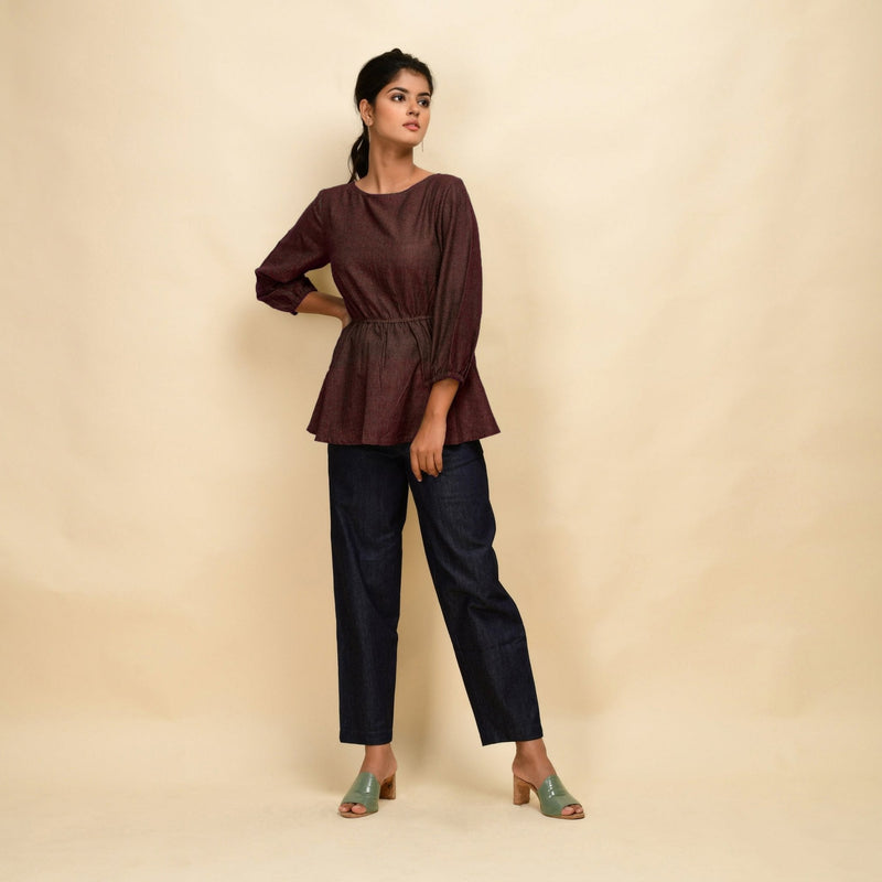 Brown 100% Cotton Round Neck Peplum Top