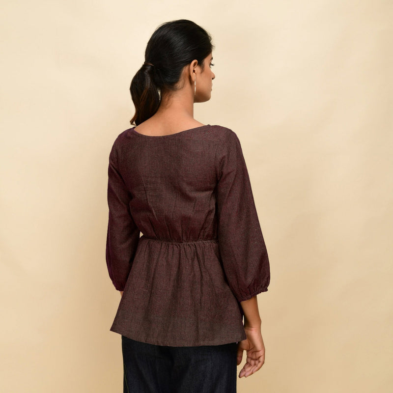Brown 100% Cotton Round Neck Peplum Top