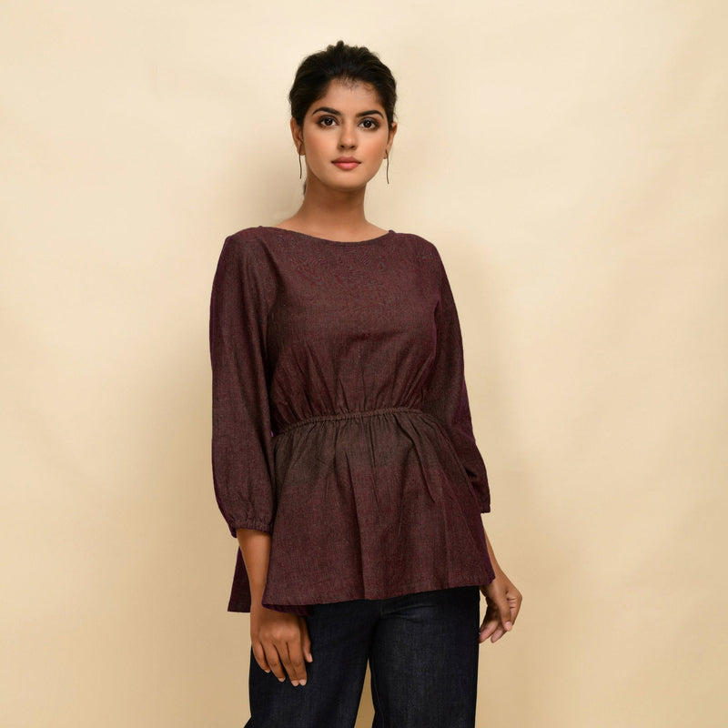 Brown 100% Cotton Round Neck Peplum Top