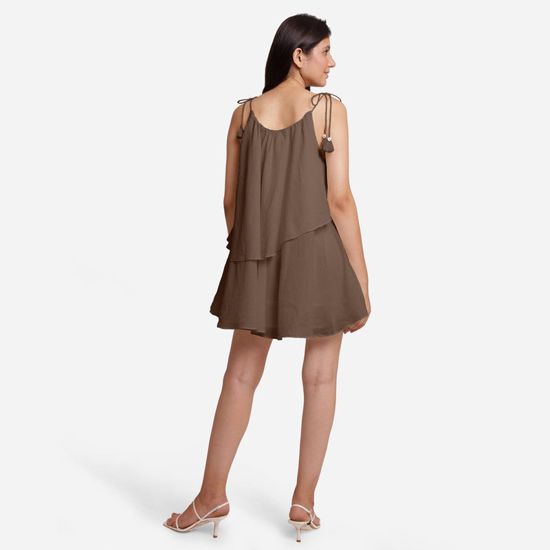 Brown 100% Cotton Tie-Up Shoulder Tier Mini Dress