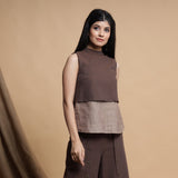 Right View of a Model wearing Brown and Beige Reversible Cotton Yoked Tie-Up Neck Top