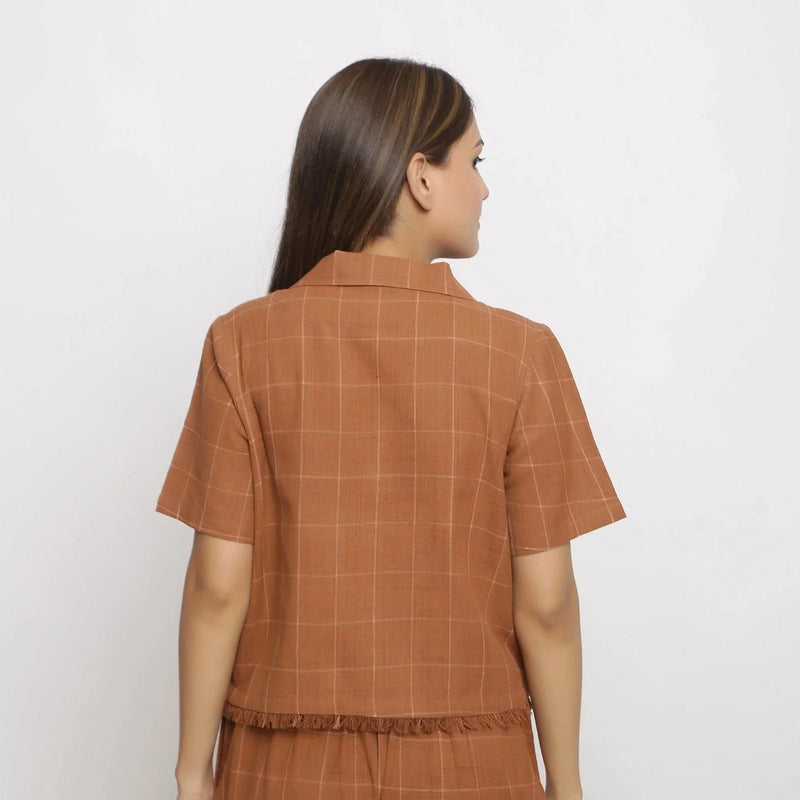 Back View of a Model wearing Handspun Brown Fringe Button-Down Shirt