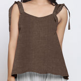 Brown Convertible Cotton Linen Tie-Up Top