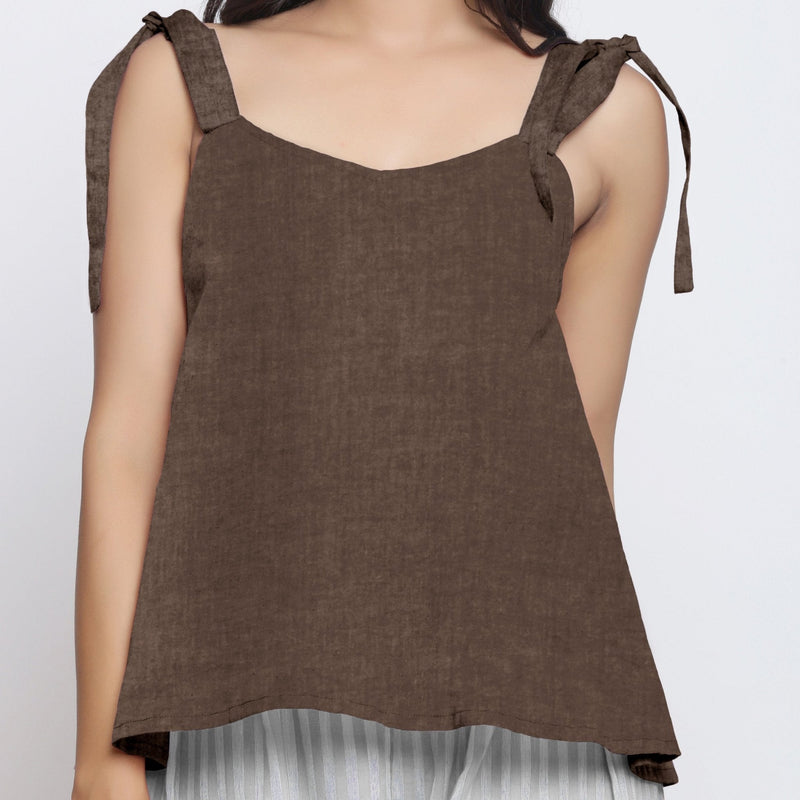 Brown Convertible Cotton Linen Tie-Up Top