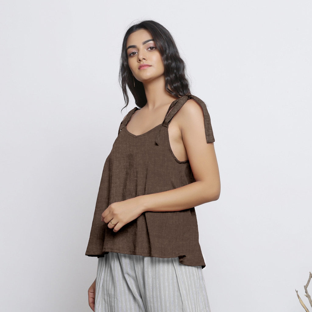 Brown Convertible Cotton Linen Tie-Up Top