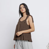 Brown Convertible Cotton Linen Tie-Up Top