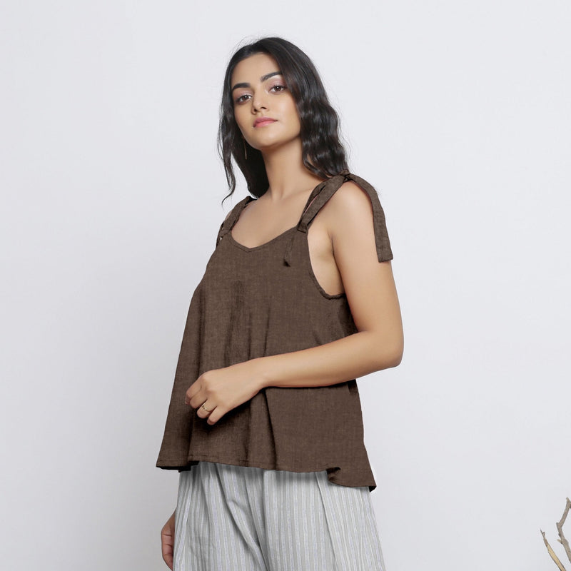 Brown Convertible Cotton Linen Tie-Up Top
