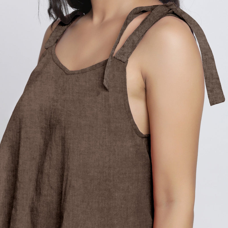 Brown Convertible Cotton Linen Tie-Up Top
