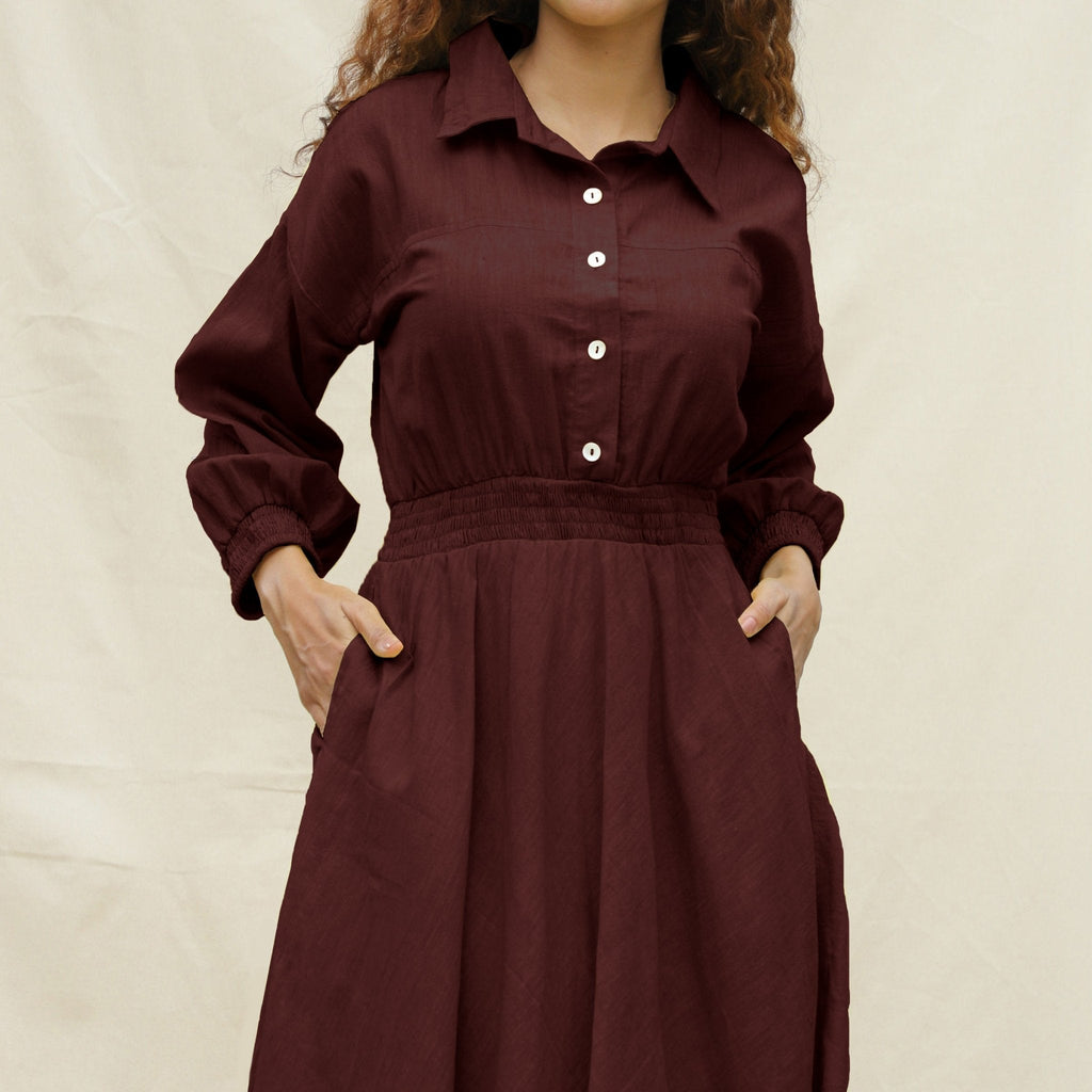 Brown Cotton Button-Down Yoked Maxi Dress