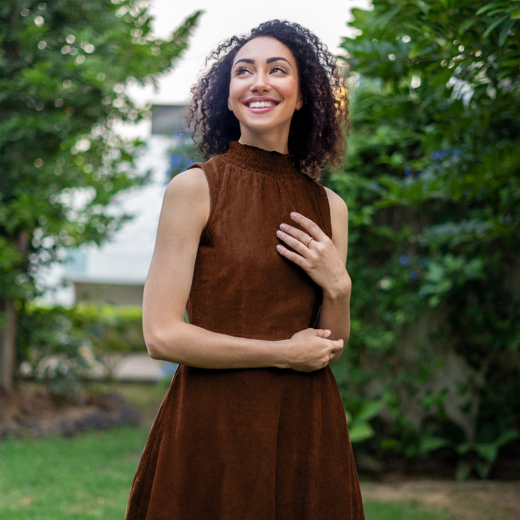 Brown Cotton Corduroy High-Neck Sleeveless Slit Dress