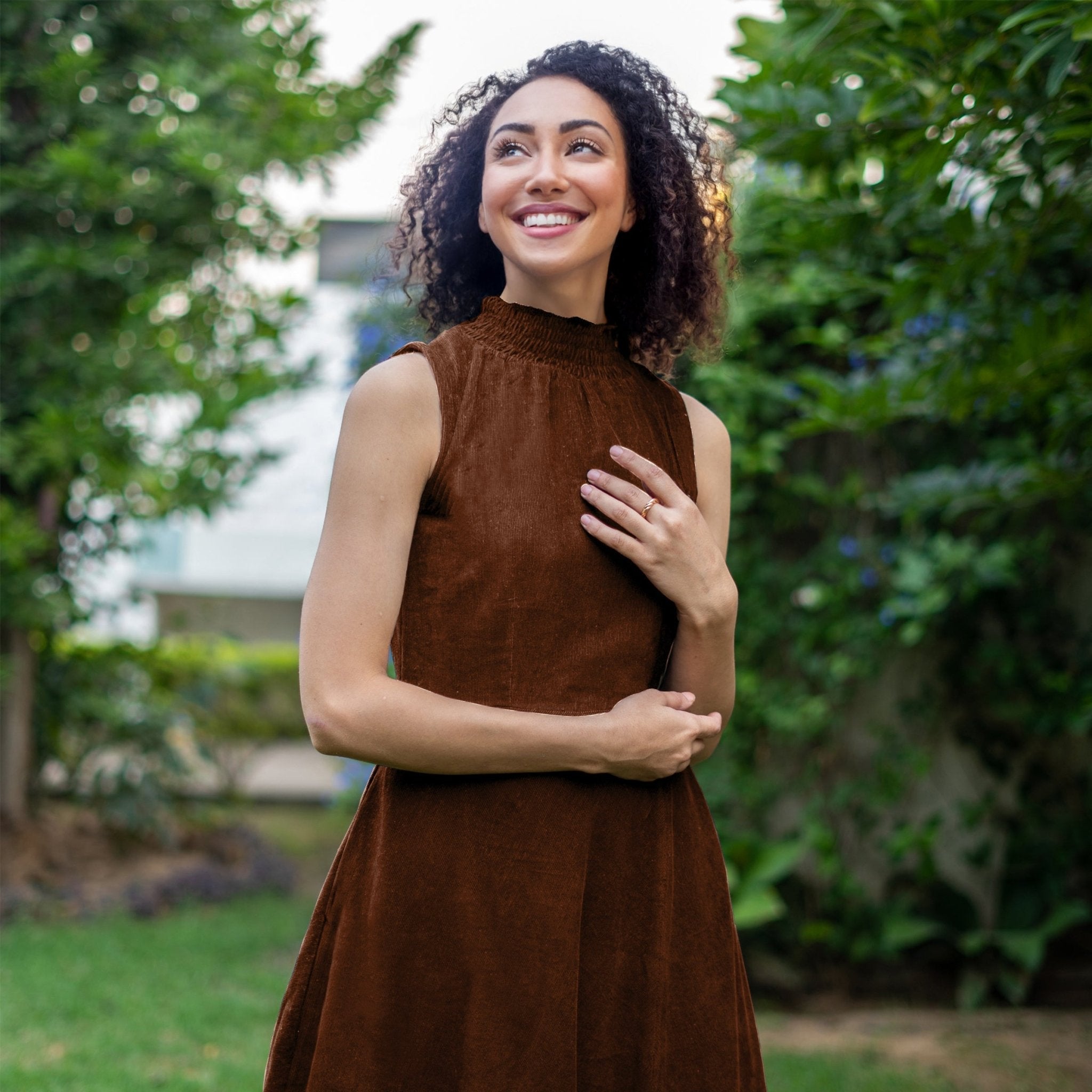 Brown Cotton Corduroy High-Neck Sleeveless Slit Dress