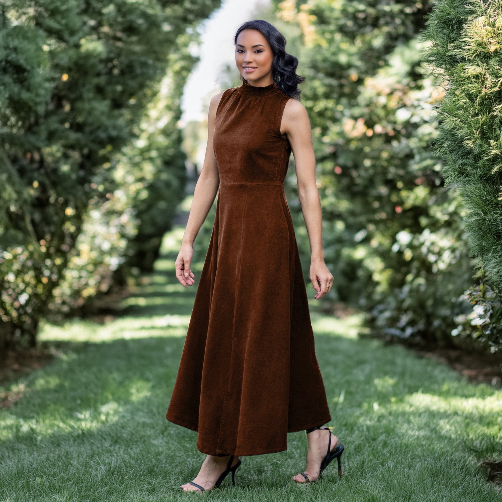 Brown Cotton Corduroy High-Neck Sleeveless Slit Dress
