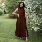Brown Cotton Corduroy High-Neck Sleeveless Slit Dress