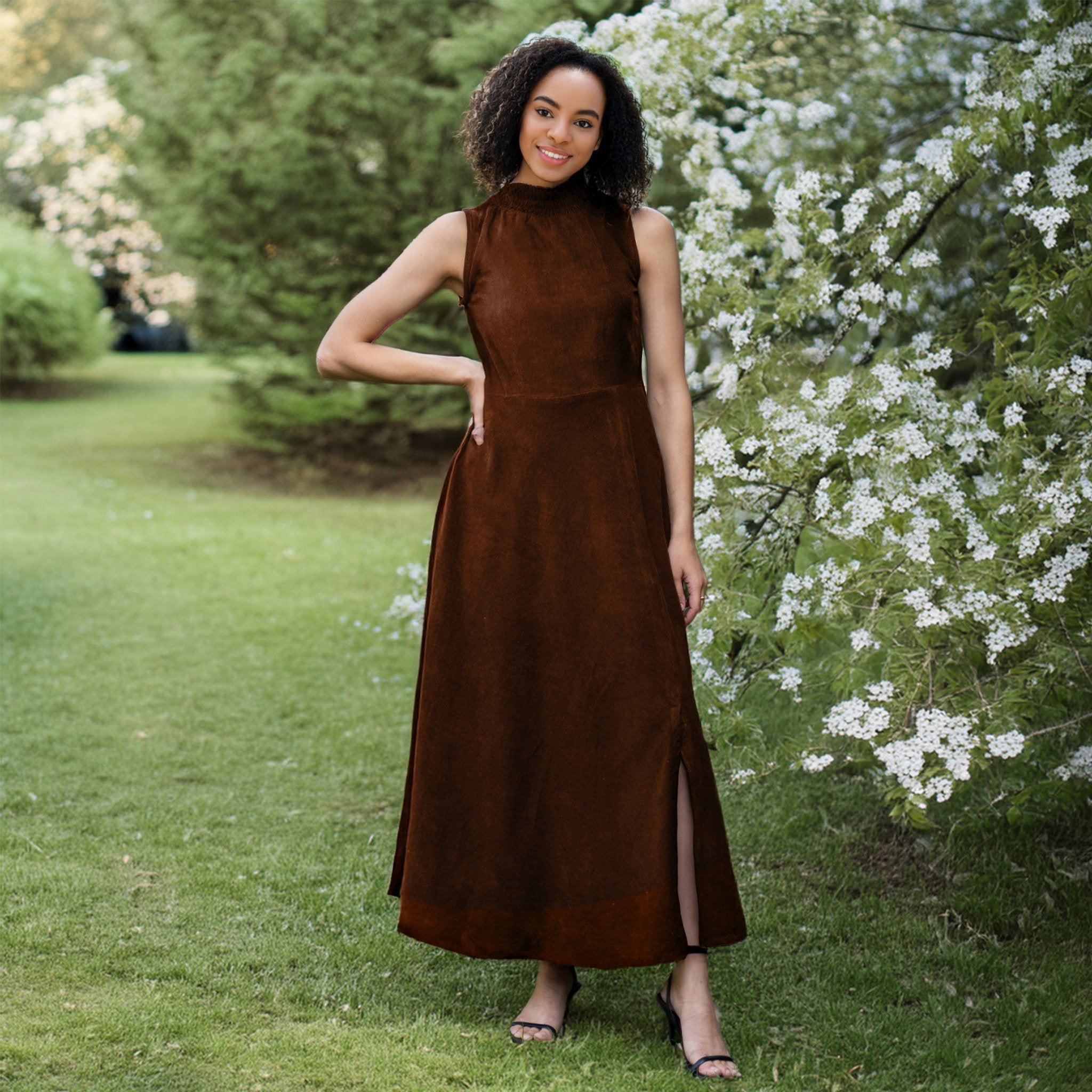Brown Cotton Corduroy High-Neck Sleeveless Slit Dress