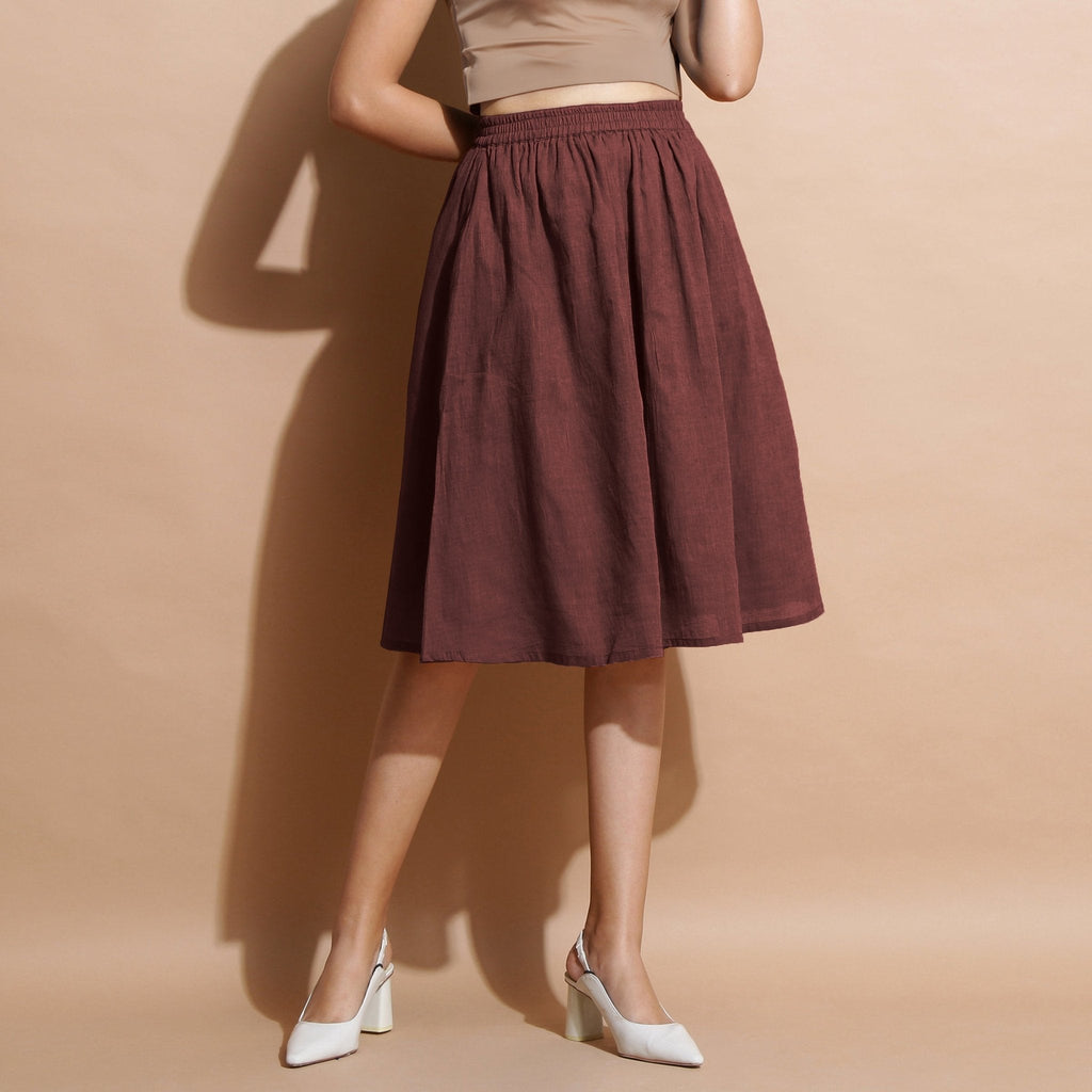 Brown Cotton Flared Elasticated Knee Length Skirt