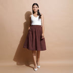 Brown Cotton Flared Elasticated Knee Length Skirt