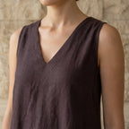 Brown Cotton Flax A-Line V-Neck Sleeveless Maxi Tier Dress