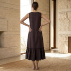 Brown Cotton Flax A-Line V-Neck Sleeveless Maxi Tier Dress