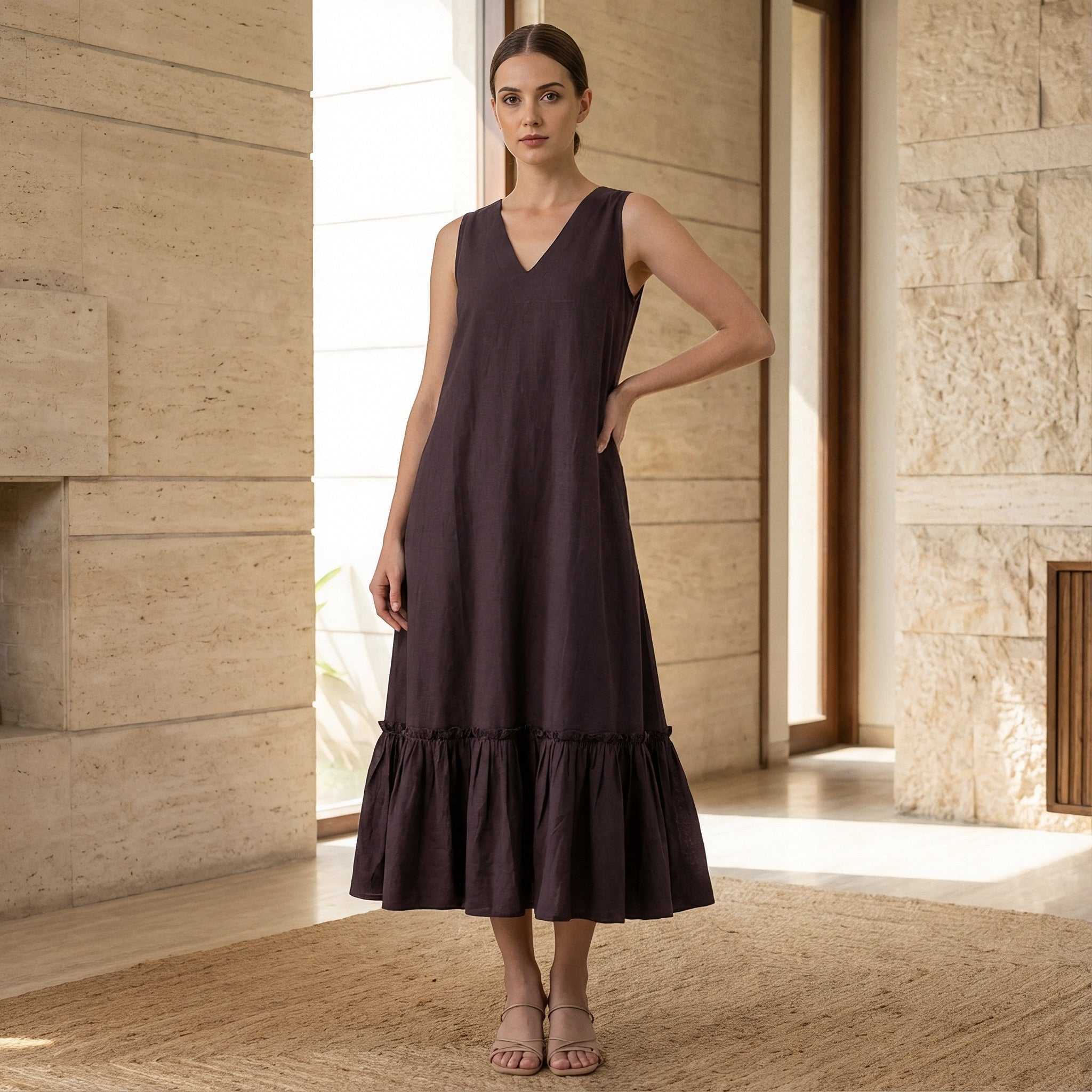 Brown Cotton Flax A-Line V-Neck Sleeveless Maxi Tier Dress