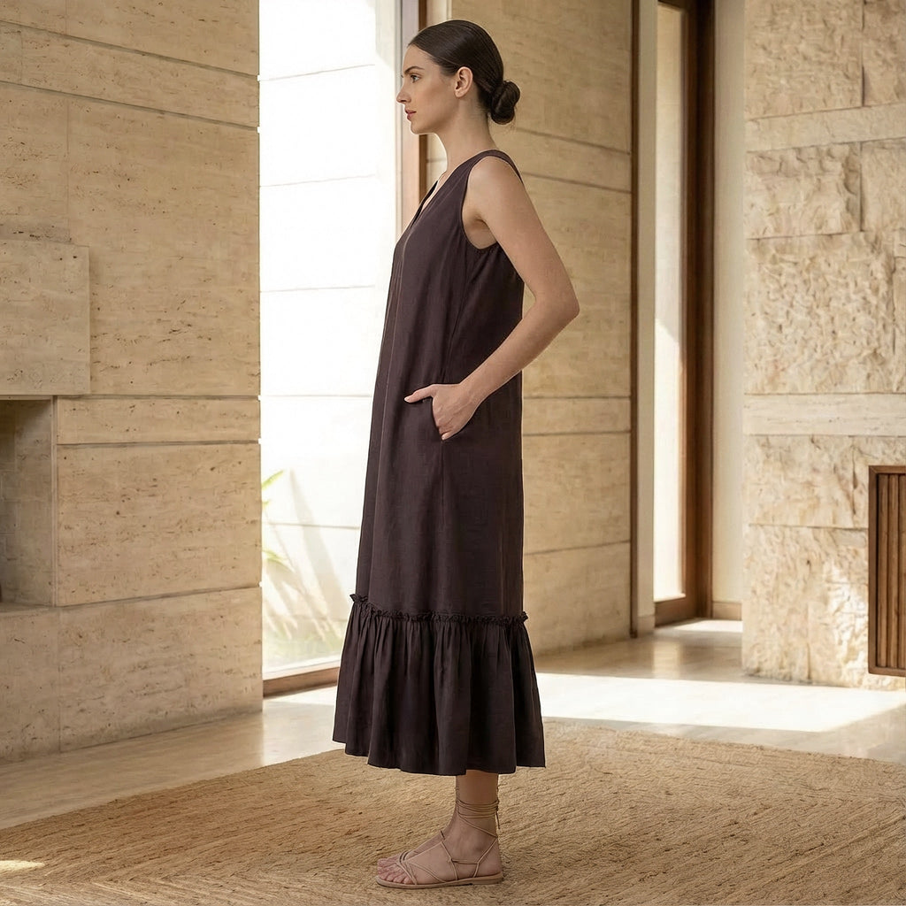 Brown Cotton Flax A-Line V-Neck Sleeveless Maxi Tier Dress