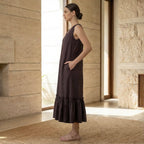 Brown Cotton Flax A-Line V-Neck Sleeveless Maxi Tier Dress