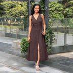 Brown Cotton Flax A-Line Front Slit Maxi Dress