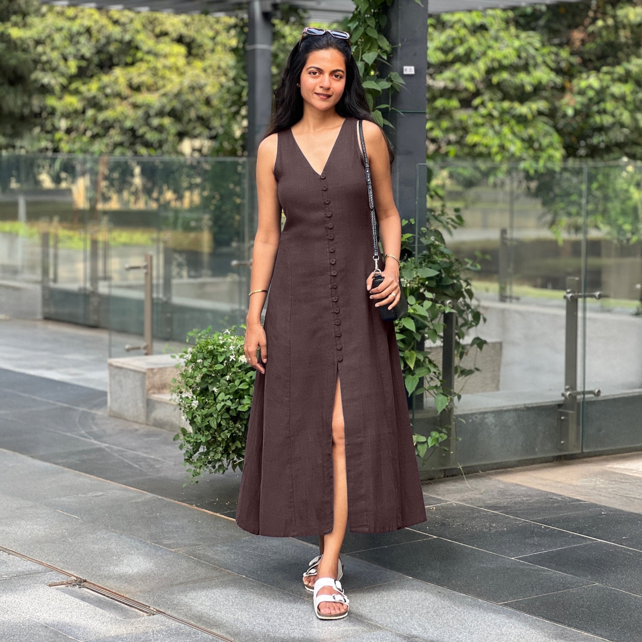 Brown Cotton Flax A-Line Front Slit Maxi Dress