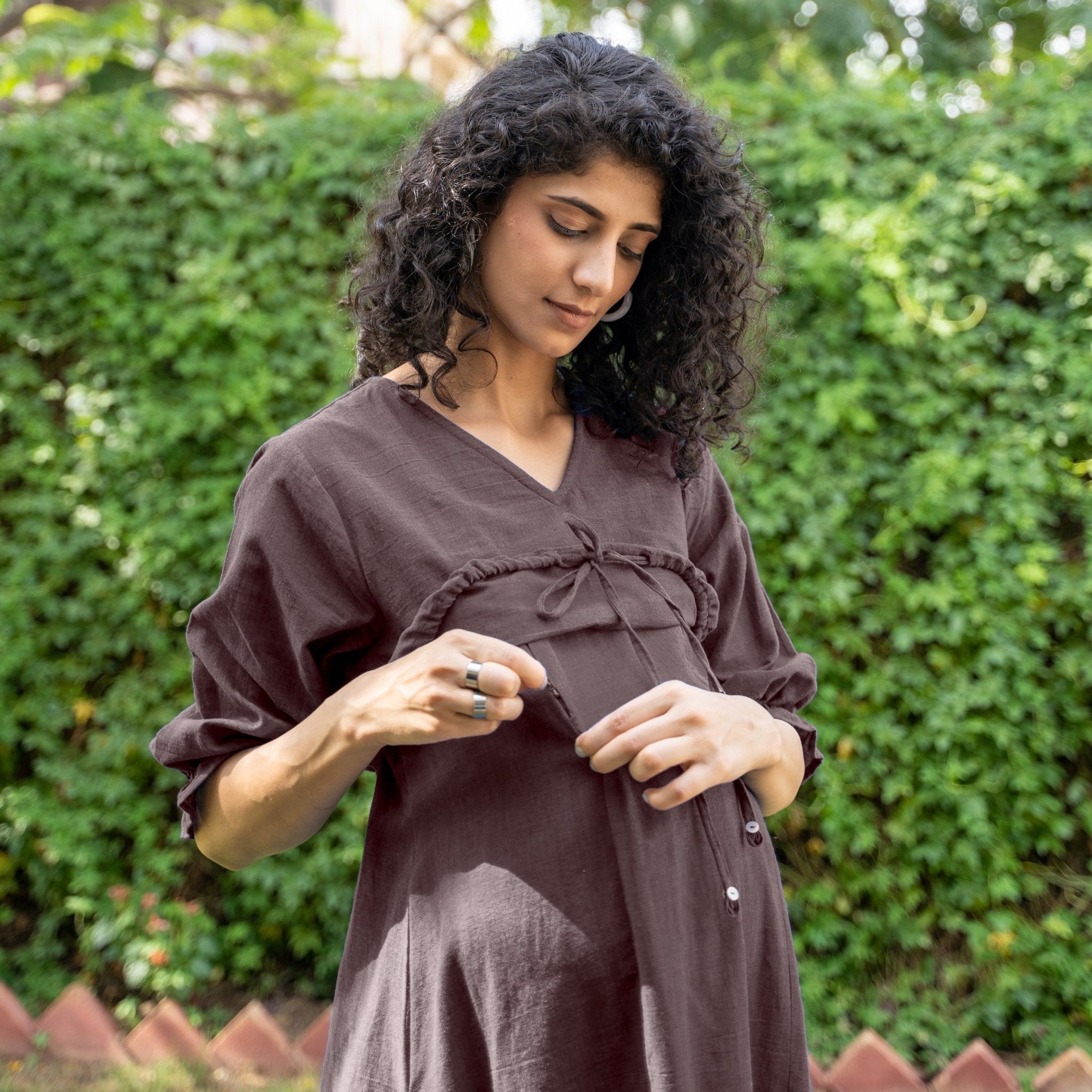 Brown Cotton Flax A-Line Knee Length Pre and Post Maternity Dress