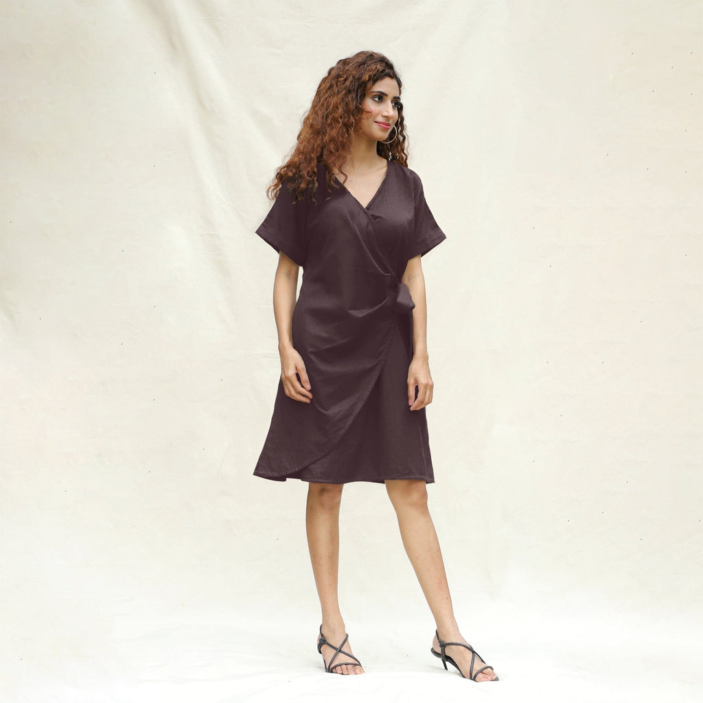 Brown Cotton Flax A-Line Knee Length Wrap Dress