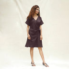 Brown Cotton Flax A-Line Knee Length Wrap Dress