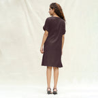 Brown Cotton Flax A-Line Knee Length Wrap Dress