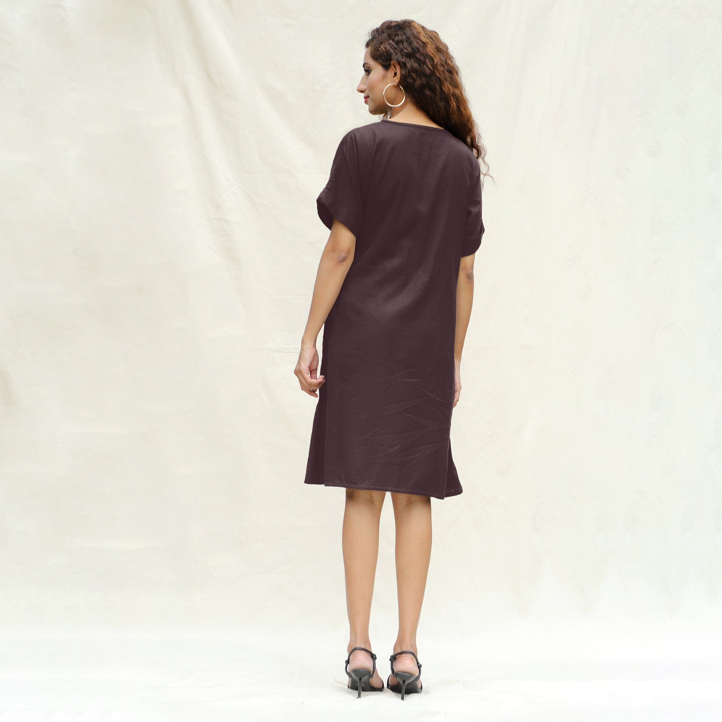 Brown Cotton Flax A-Line Knee Length Wrap Dress