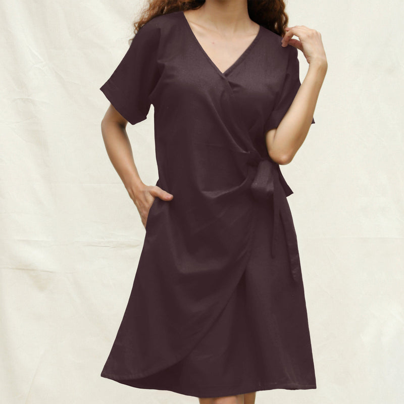 Brown Cotton Flax A-Line Knee Length Wrap Dress
