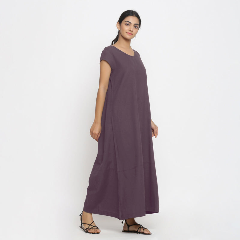 Right View of a Model wearing Brown Cotton Flax A-Line Paneled Dress