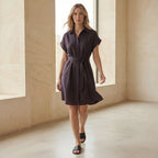 Brown Cotton Flax A-Line Short Dress with Belt