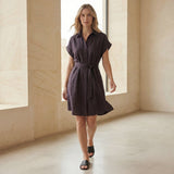 Brown Cotton Flax A-Line Short Dress with Belt