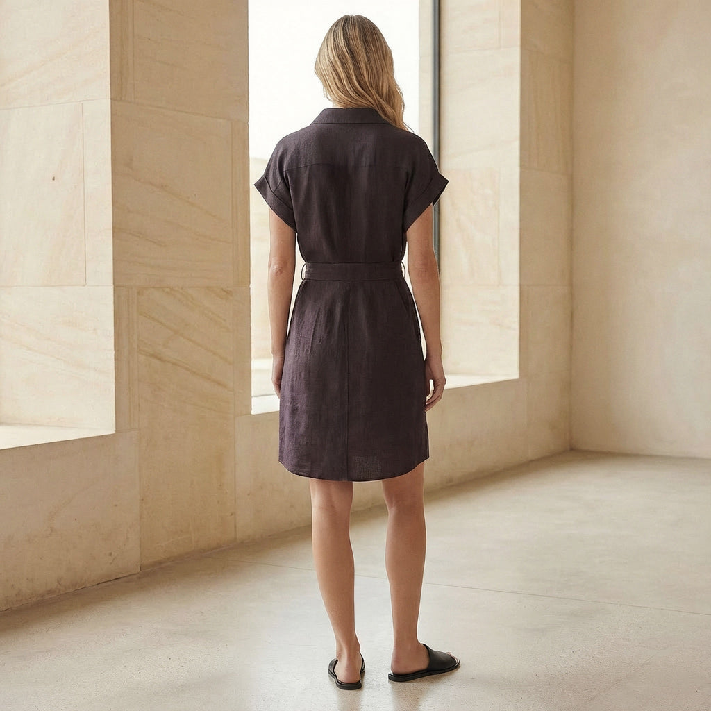 Brown Cotton Flax A-Line Short Dress with Belt