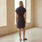Brown Cotton Flax A-Line Short Dress with Belt