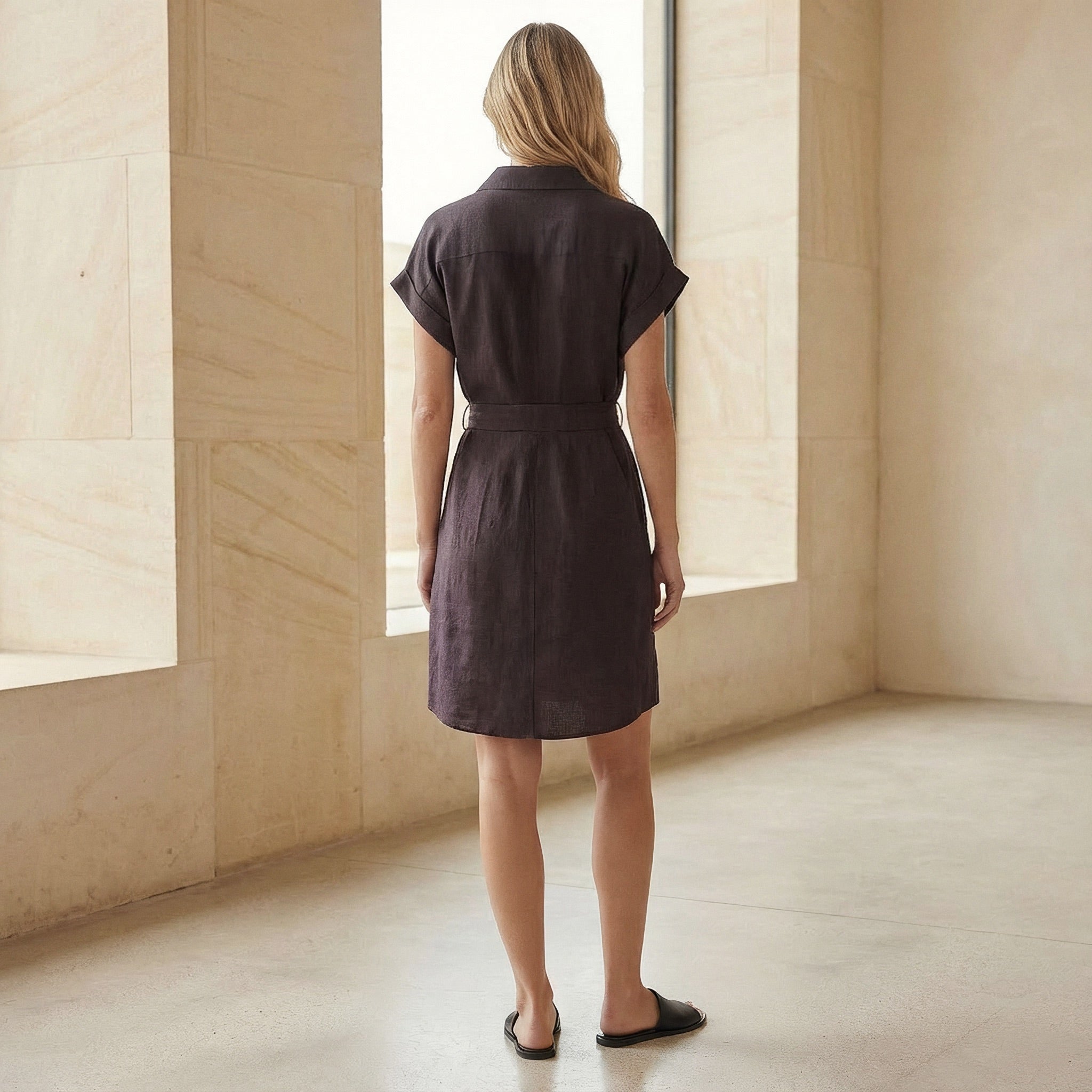 Brown Cotton Flax A-Line Short Dress with Belt