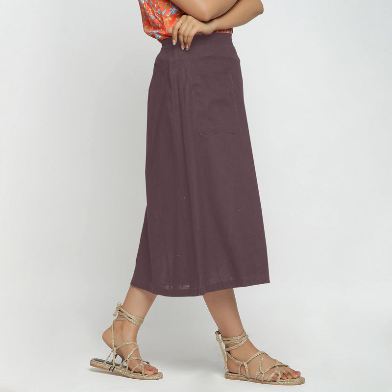 Right View of a Model wearing Brown Cotton Flax A-Line Skirt