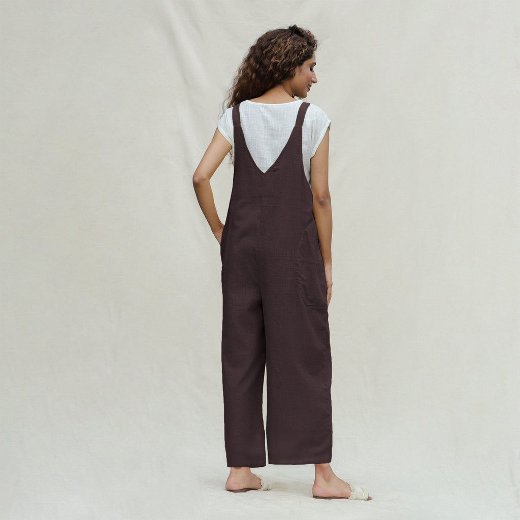 Brown Cotton Flax Ankle Length Dungaree Jumpsuit