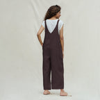 Brown Cotton Flax Ankle Length Dungaree Jumpsuit