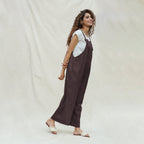 Brown Cotton Flax Ankle Length Dungaree Jumpsuit