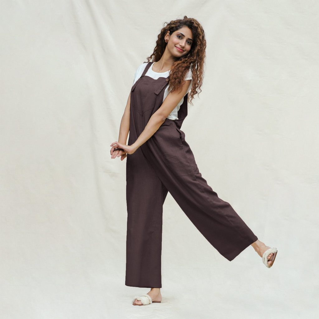 Brown Cotton Flax Ankle Length Dungaree Jumpsuit