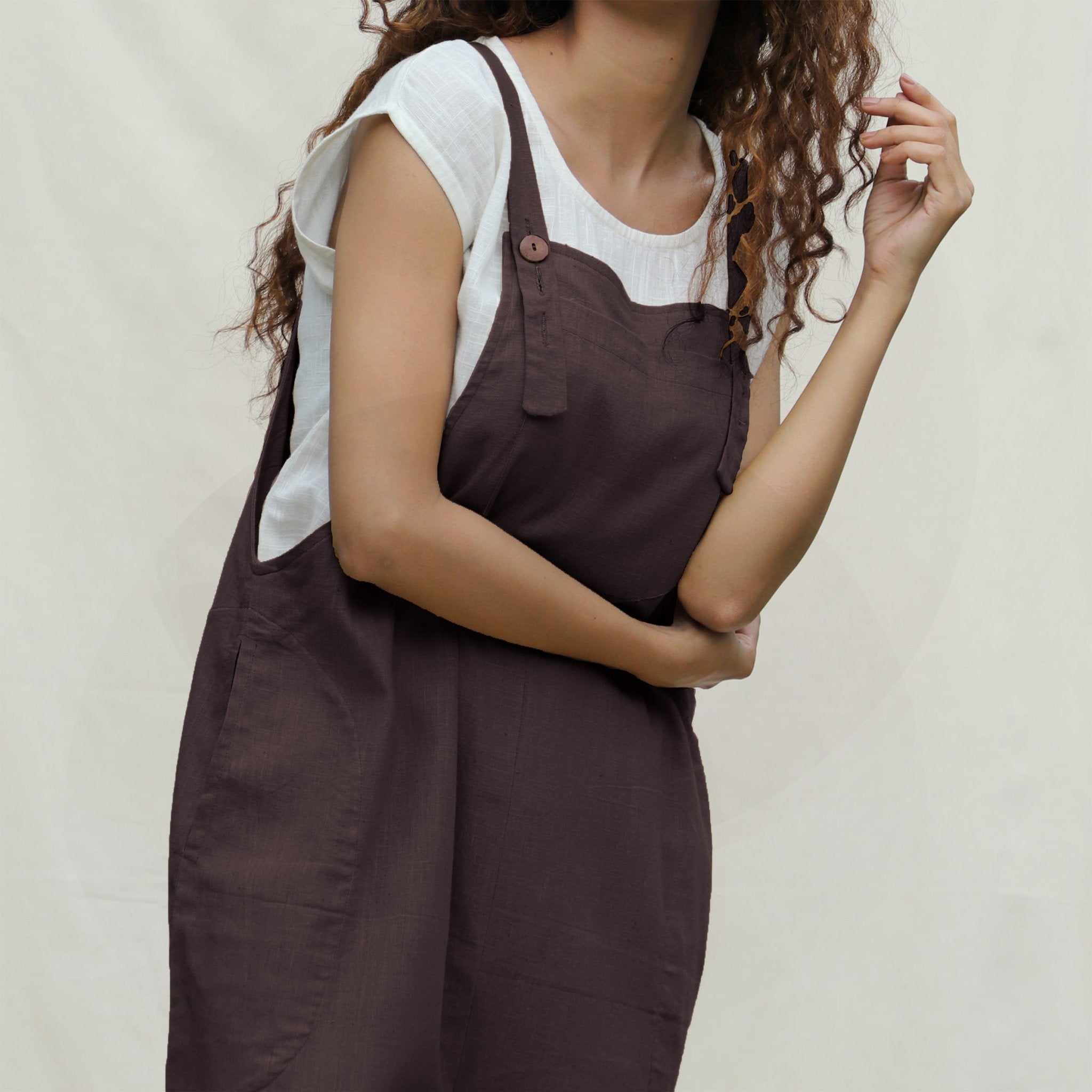 Brown Cotton Flax Ankle Length Dungaree Jumpsuit