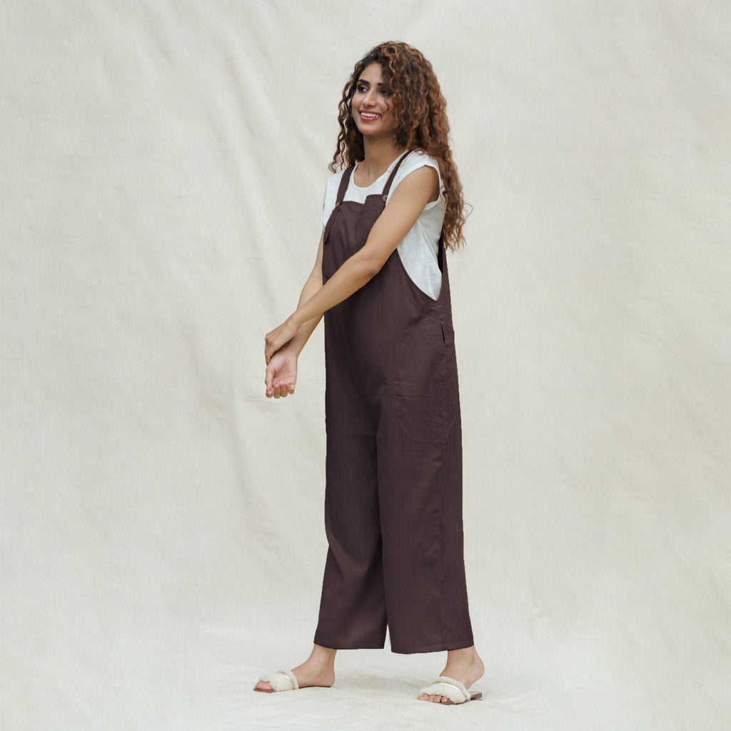 Brown Cotton Flax Ankle Length Dungaree Jumpsuit